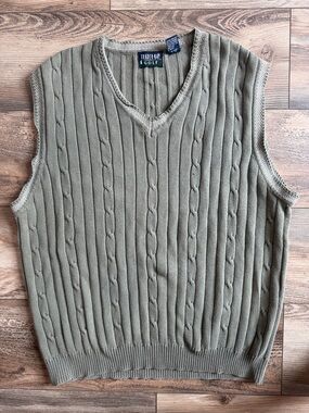 Trader Bay Golf Cable Knit Sweater Vest Mens Large Olive Green V-Neck Cotton
